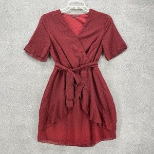 Shein Tea Dress Womens S Burgundy A-line Short Sleeve Ruffle‎ V-neck lined belt